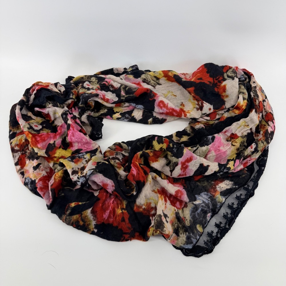 Kimchi Blue Floral Infinity Scarf Black Lace Trim Boho Watercolor Pink Red OS